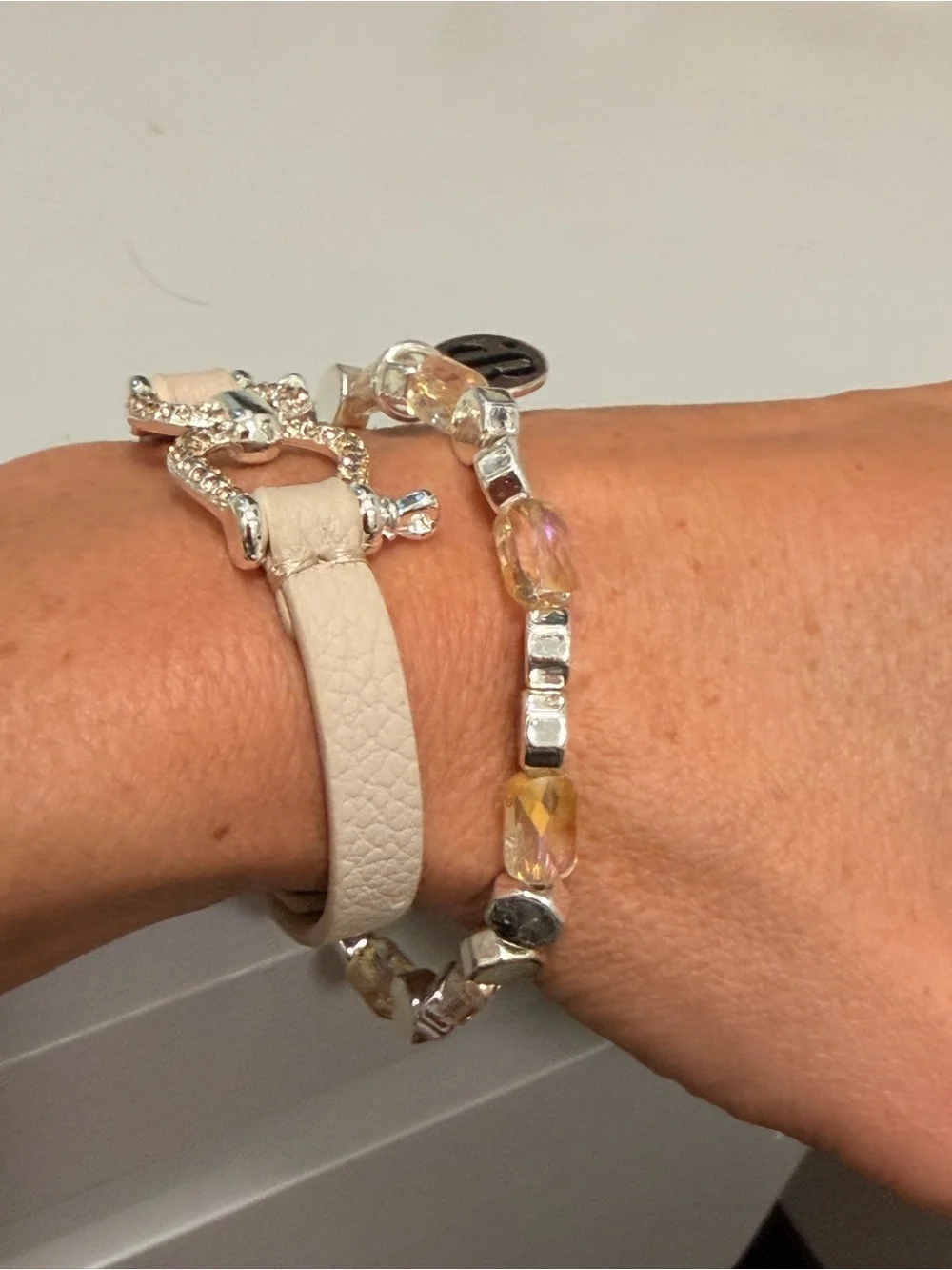 Beige Leather Bracelet with Iridescent Bead Stack - BP NWOT!